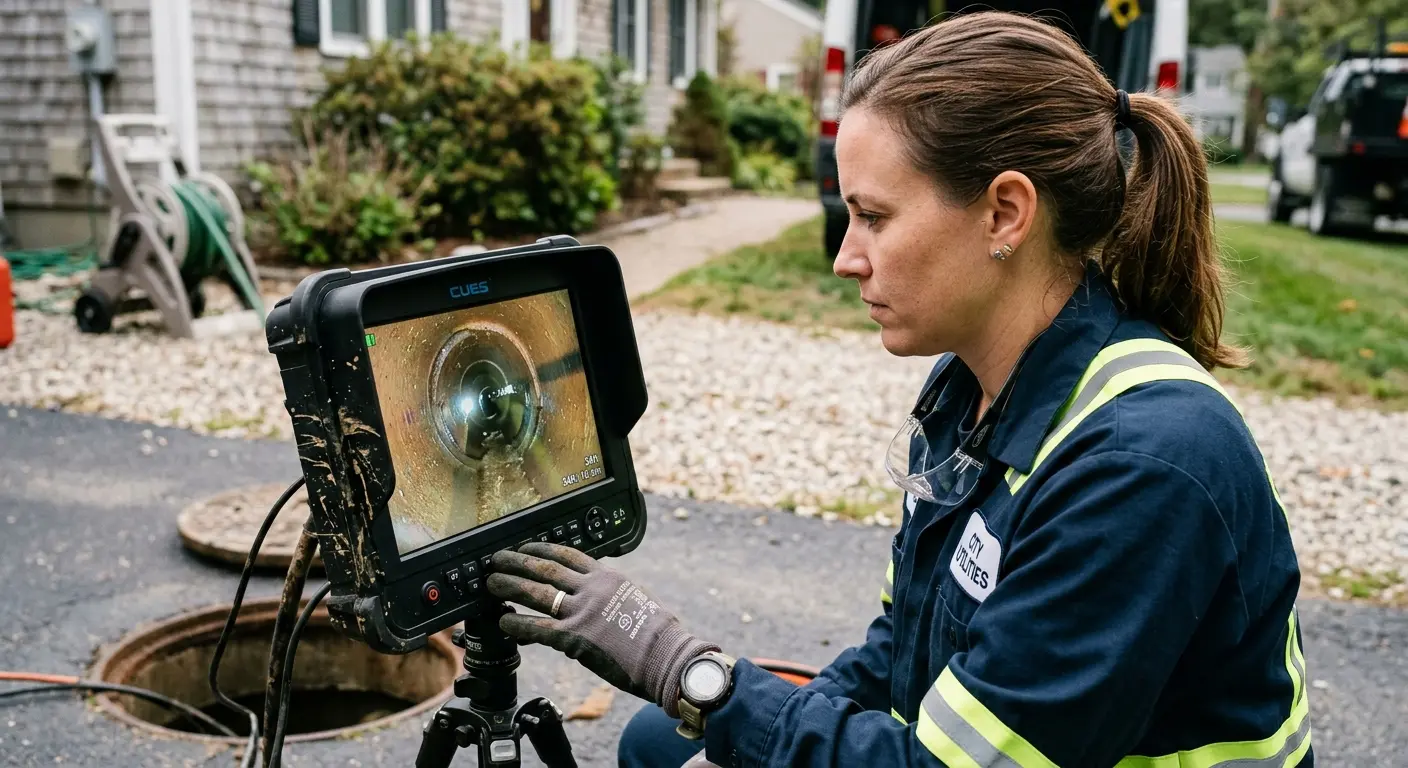 Technician reviewing sewer camera inspection footage in Fort Morgan