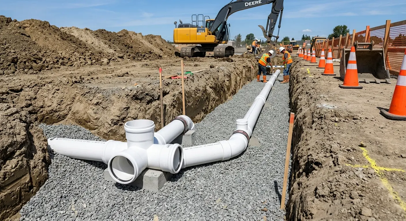 New PVC sewer pipe installation in open trench for Sewer Backup in Fort Morgan