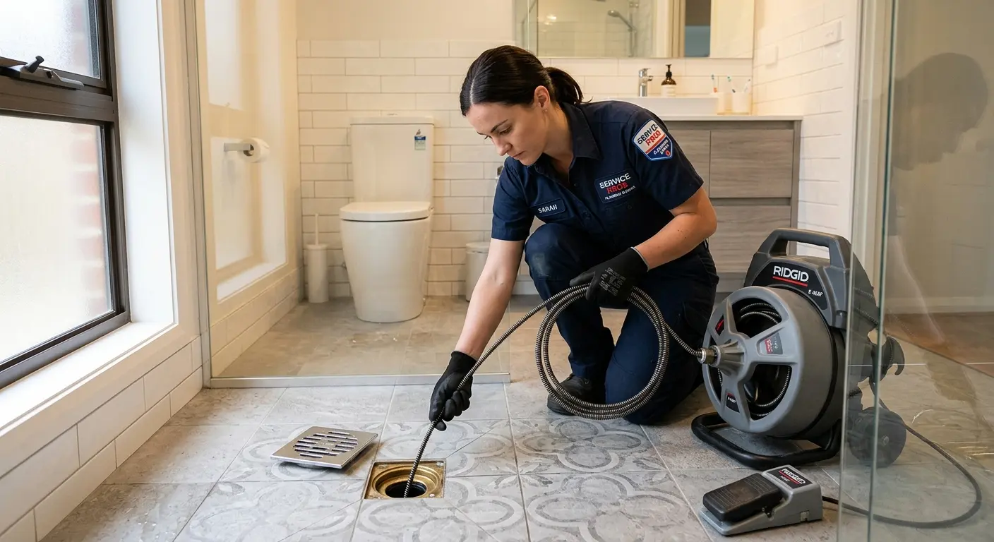 Technician clearing a bathroom floor drain for Drain Repair in Fort Morgan
